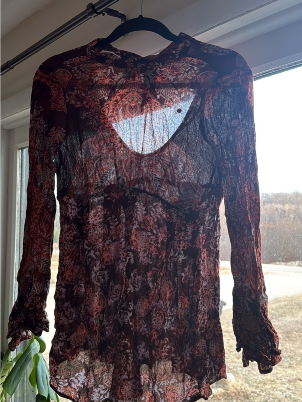 Free People Paisley Long Sleeve Top in Burgundy, Periwinkle, and Orange
